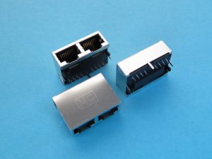 Low profile RJ45 Doppelbuchse mit gekürzten Durchführungspins, geeignet für Reflow-Löten (THR, Pin in Paste)